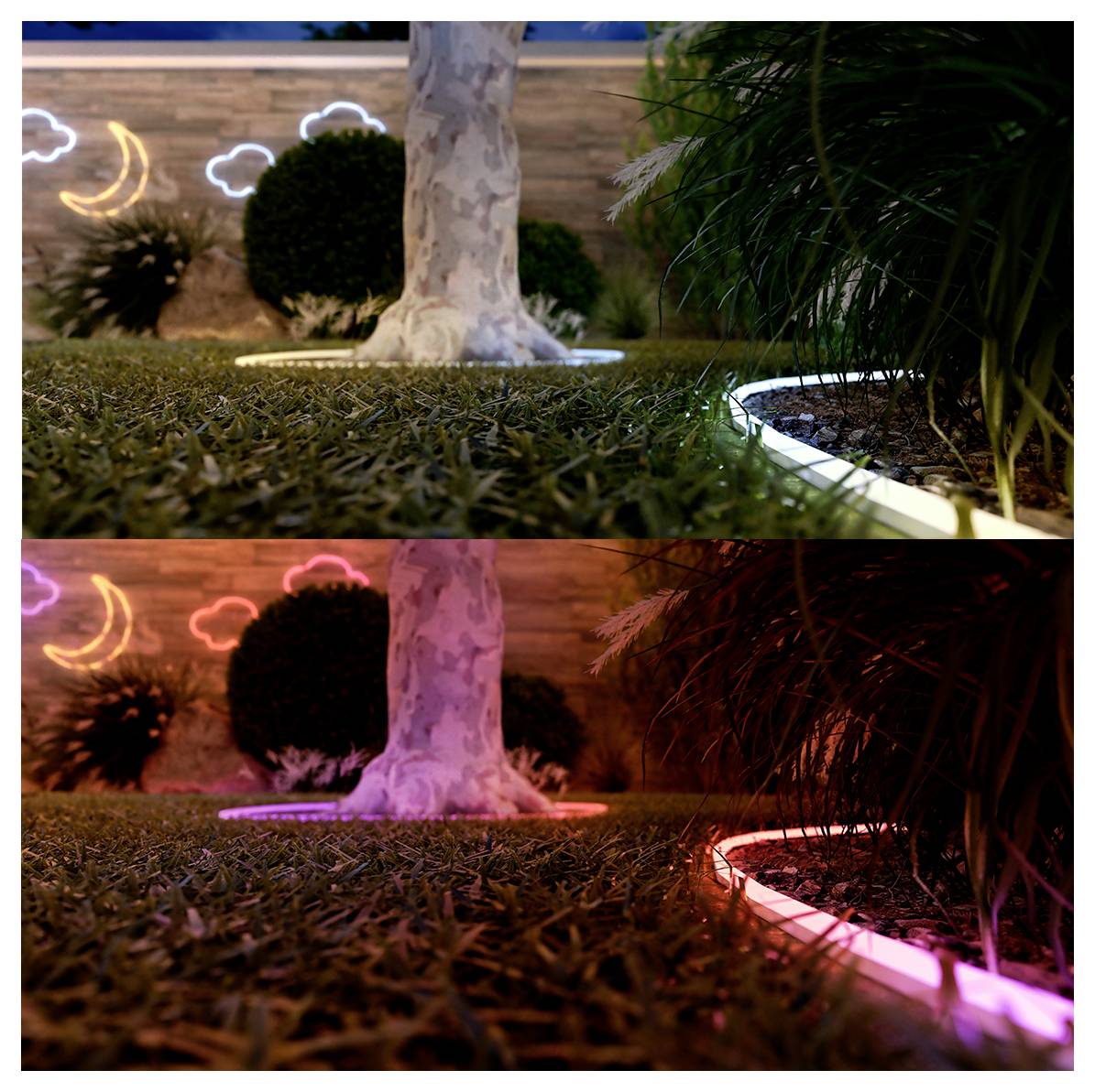 Zwei Gartenszenen: Beide zeigen einen Baumstamm mit Gras und Sträuchern, die von Neonlichtern beleuchtet werden. Die obere Szene hat Blautöne; die untere Szene hat Rosatöne.