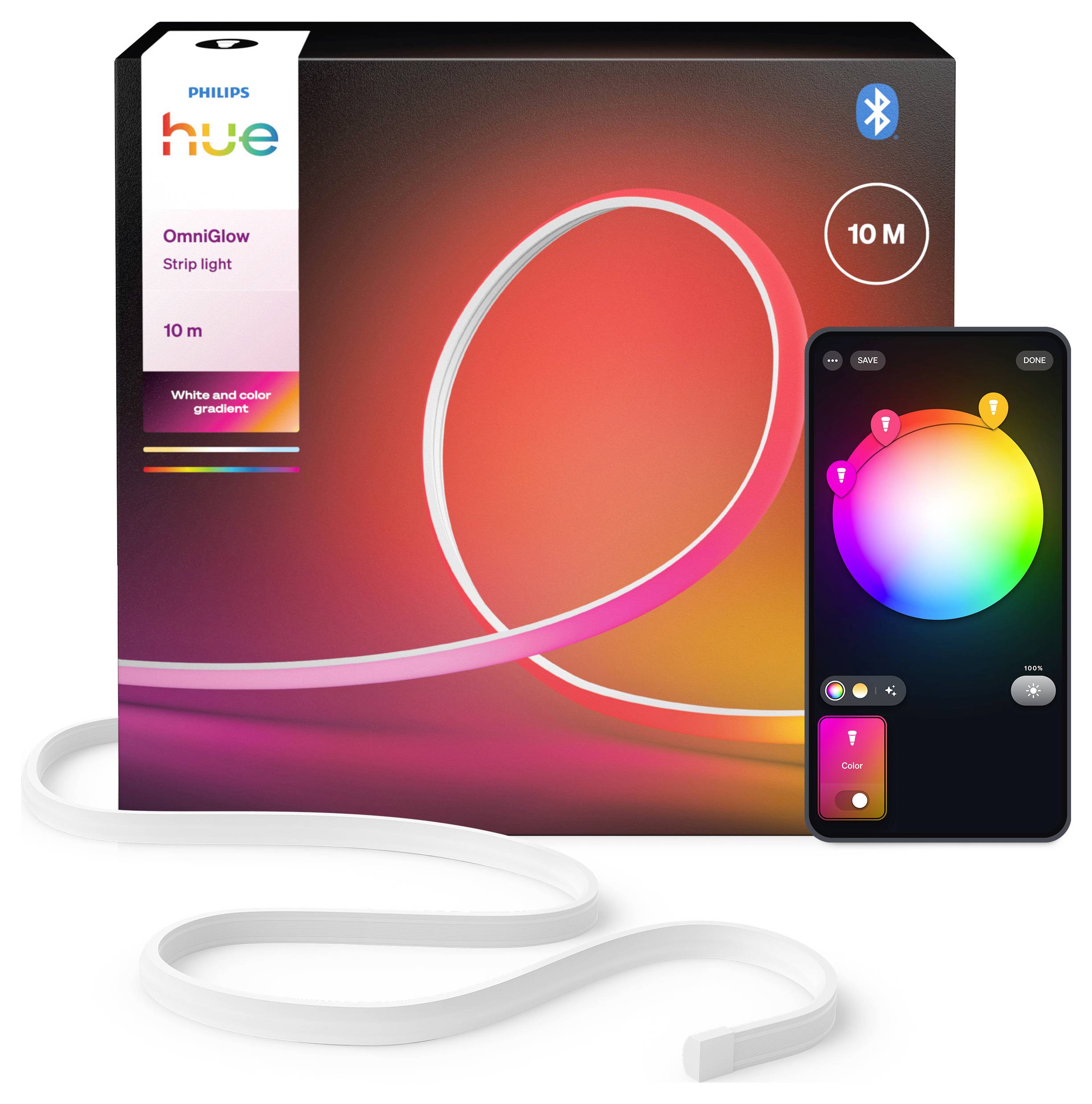 Philips Hue OmniGlow Streifenlicht-Verpackung mit einem Smartphone, das Farbeinstellungsoptionen anzeigt und die Bluetooth-Konnektivität hervorhebt.