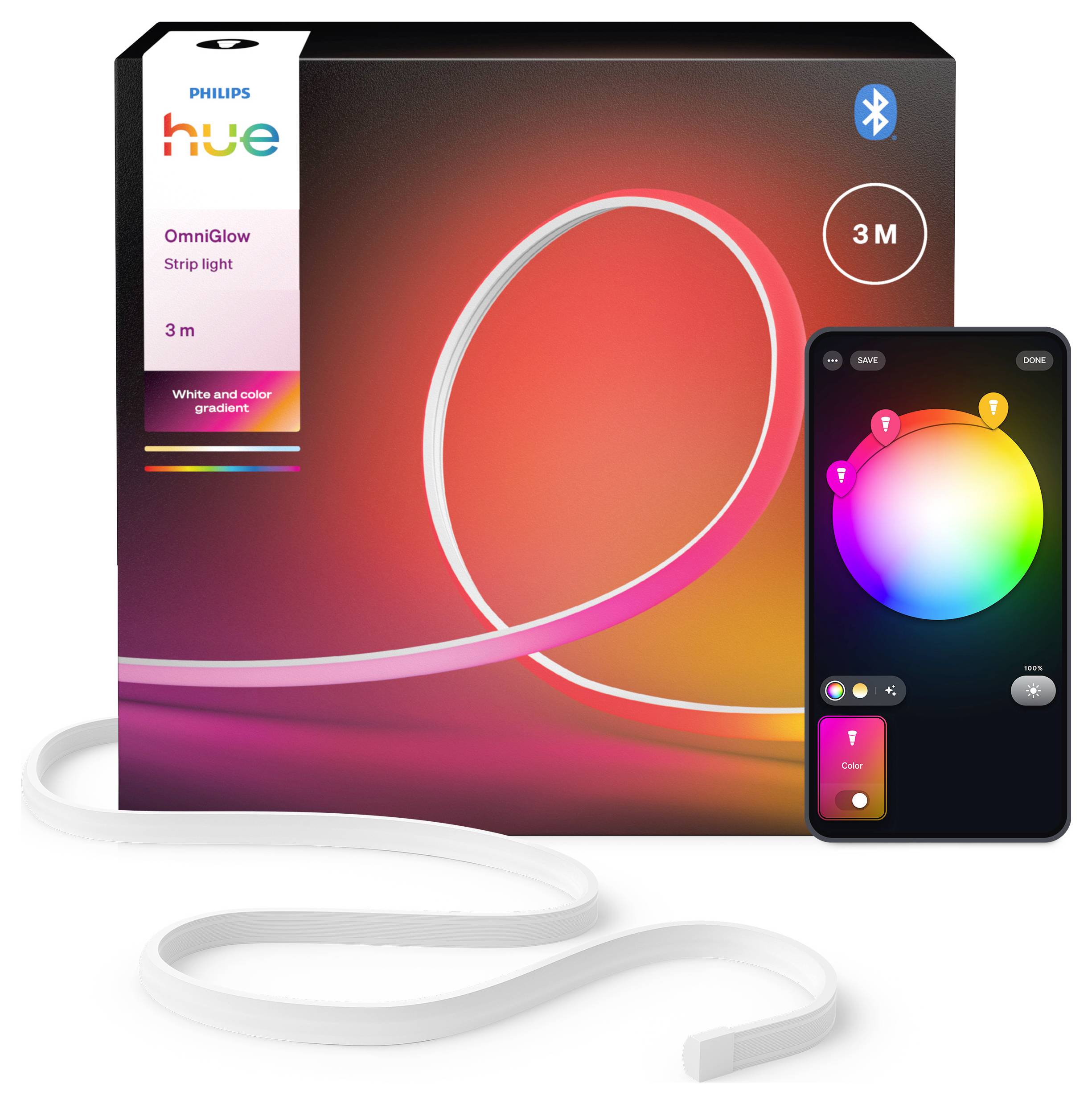Philips Hue OmniGlow 3m Streiflicht-Paket mit einer Smartphone-App-Oberfläche, die die Farbauswahl für anpassbare Beleuchtungseffekte anzeigt.