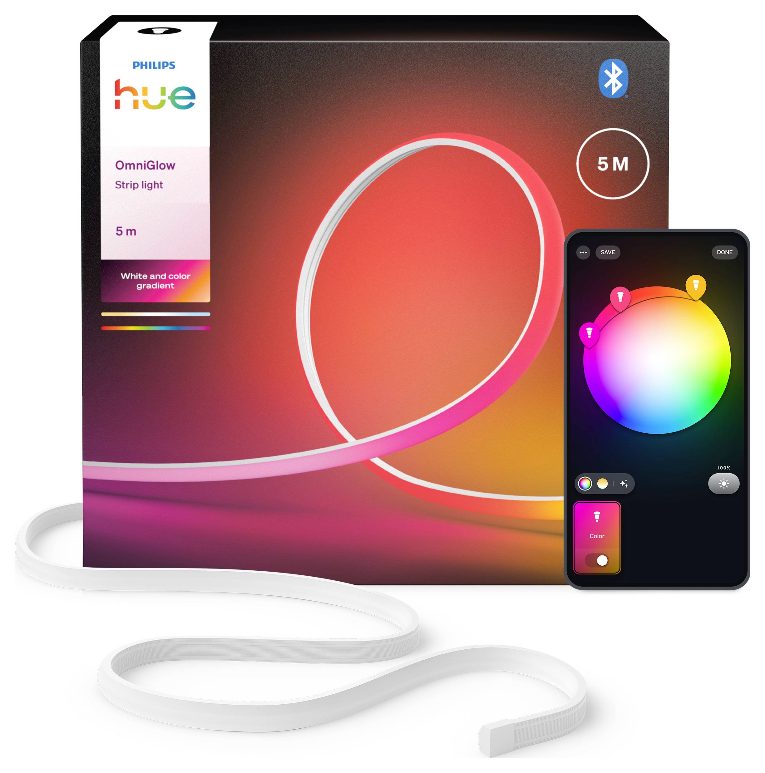'Philips Hue OmniGlow 5m Streiflicht'-Box mit Smartphone-App zur Farbeinstellung, was auf anpassbare Beleuchtung hinweist.