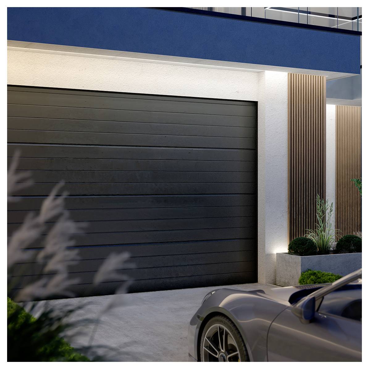 Eine moderne Garage mit einer geschlossenen schwarzen Tür unter einem Gebäude, teilweise sichtbares Auto und Pflanzen an der Seite. Minimalistisches Design.