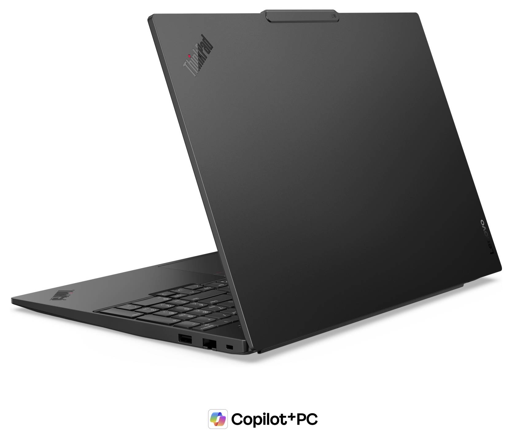 „Ein eleganter schwarzer Laptop mit leicht geöffnetem Deckel, der eine Tastatur zeigt. Das Design ist minimalistisch. Das Logo befindet sich in der oberen linken Ecke.