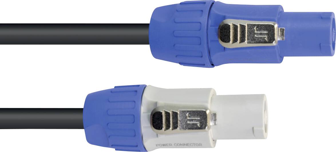 Zwei Stromstecker: ein schwarzes Kabel mit blauem Stecker, ein blau-weißes. Beide haben Clipverschlüsse und sind für sichere Verbindungen ausgelegt.