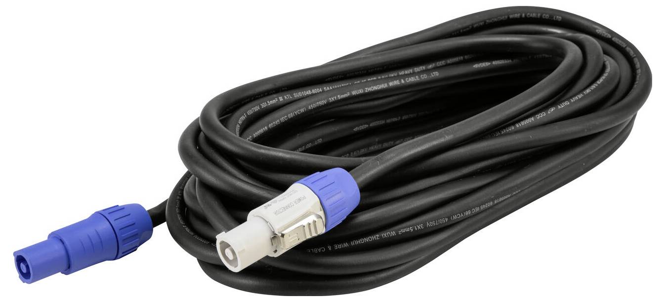 Ein aufgerolltes schwarzes Elektrokabel mit verschlossenen blauen und weißen Anschlüssen an jedem Ende, geeignet für Stromversorgung oder Audiogeräte.