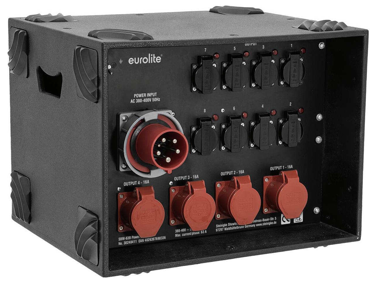 Eine schwarze Stromverteilungsbox mit mehreren roten und schwarzen Steckdosen, gekennzeichnet für verschiedene Ausgänge und Eingänge, ausgelegt für 380-480V, 50Hz.