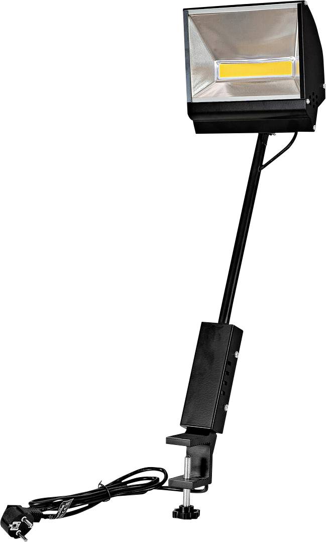 Eine Klemmleuchte mit verstellbarem Arm und LED-Panel, die für gerichtete Beleuchtung auf Werkbänken oder Schreibtischen konzipiert ist.