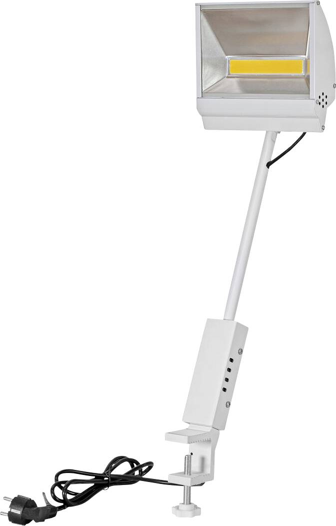 Verstellbare Schreibtischlampe mit Klemmfuß, verlängertem Hals und rechteckiger Leuchte, entworfen für konzentrierte Arbeitsplatzbeleuchtung.