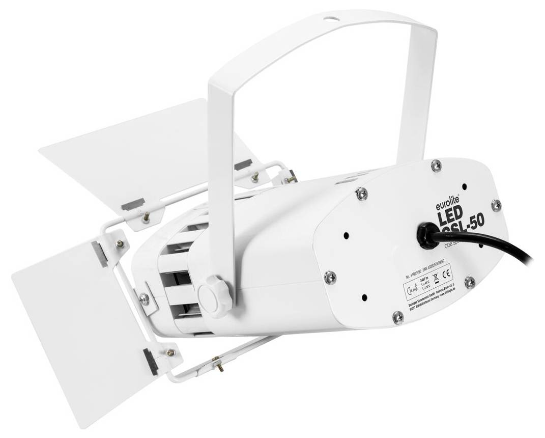 Ein weißes Eurolite LED-Licht mit verstellbaren Paneelen und einem Griff, entworfen für Bühnen- oder Studiobenutzung, mit der Bezeichnung „LED ACL-50