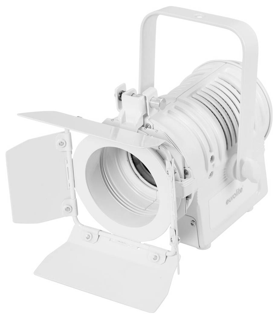 Ein weißes Bühnenlicht mit verstellbaren Flügeltüren und einem schwenkbaren Griff zum Ausrichten des Lichts, entwickelt für professionelle Beleuchtungseinrichtungen.