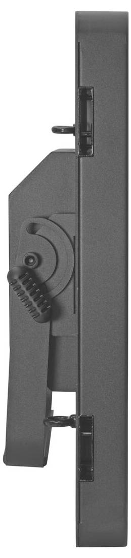 Eine Seitenansicht eines grauen elektronischen Geräts mit verstellbaren Stützarmen und einem runden Drehknopf zur Winkelverstellung.