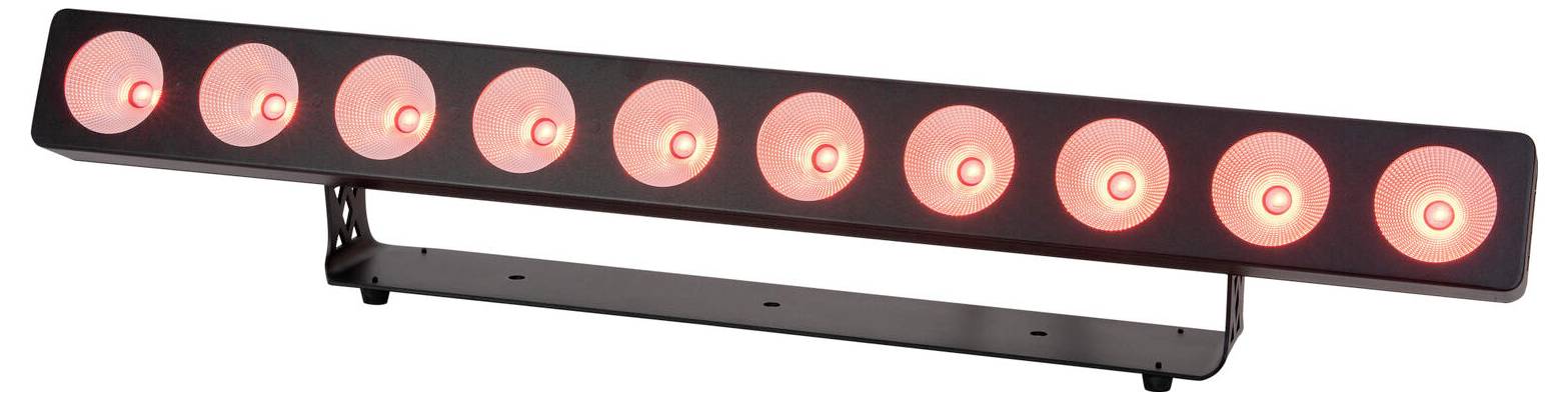 Eine schwarze LED-Lichtleiste mit zehn gleichmäßig verteilten kreisförmigen roten Leuchten, montiert auf einer horizontalen Halterung, wahrscheinlich für Bühnen- oder Veranstaltungsbeleuchtung verwendet.