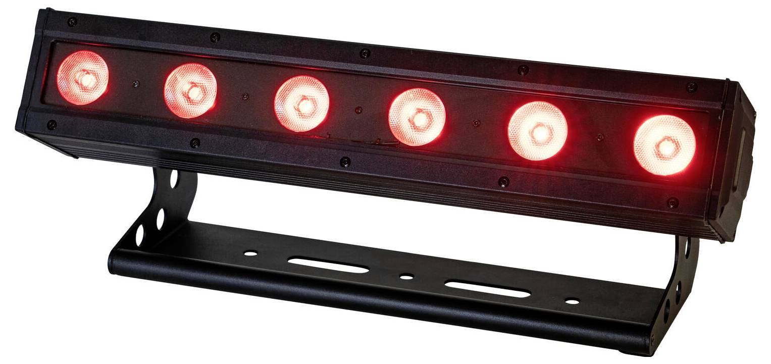 Sechs rote LED-Leuchten auf einer schwarzen Stange mit Ständer, nach oben geneigt, verwendet für Bühnenlicht oder Dekoration.