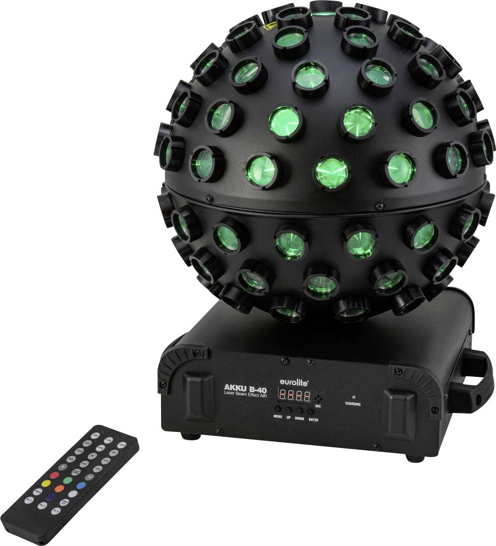 Ein schwarzes kugelförmiges Bühnenlicht mit grünen Linsen auf einem Sockel, mit digitaler Anzeige und begleitender Fernbedienung.