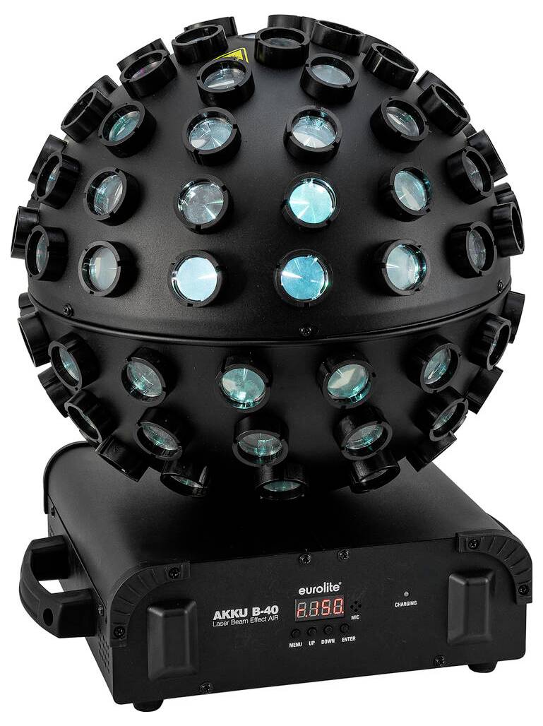 'Eurolite Akku B-40' LED-Lichteffektgerät mit mehreren Linsen auf sphärischem Design, verwendet für dynamische Beleuchtungseffekte.