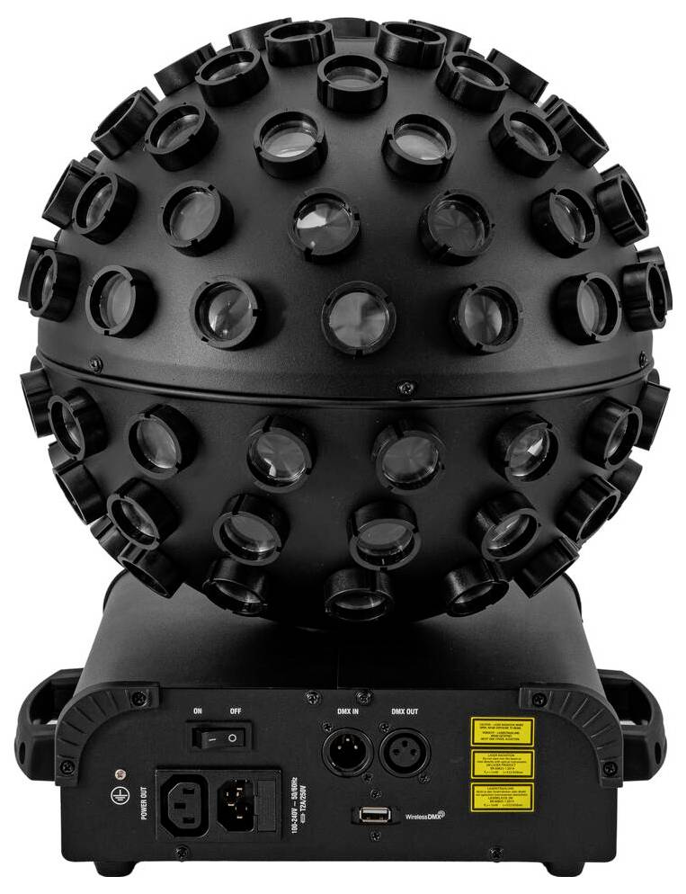Ein schwarzes kugelförmiges Beleuchtungsgerät mit mehreren Linsenknoten, montiert auf einer Kontrollbasis mit Stromversorgungs- und Konnektivitätsanschlüssen.