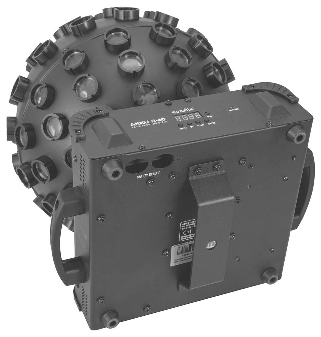 Audiolite Akku R40 DJ-Beleuchtungseffektgerät mit mehreren Objektivabdeckungen und digitaler Bedienblende für Event-Beleuchtungsaufbauten.