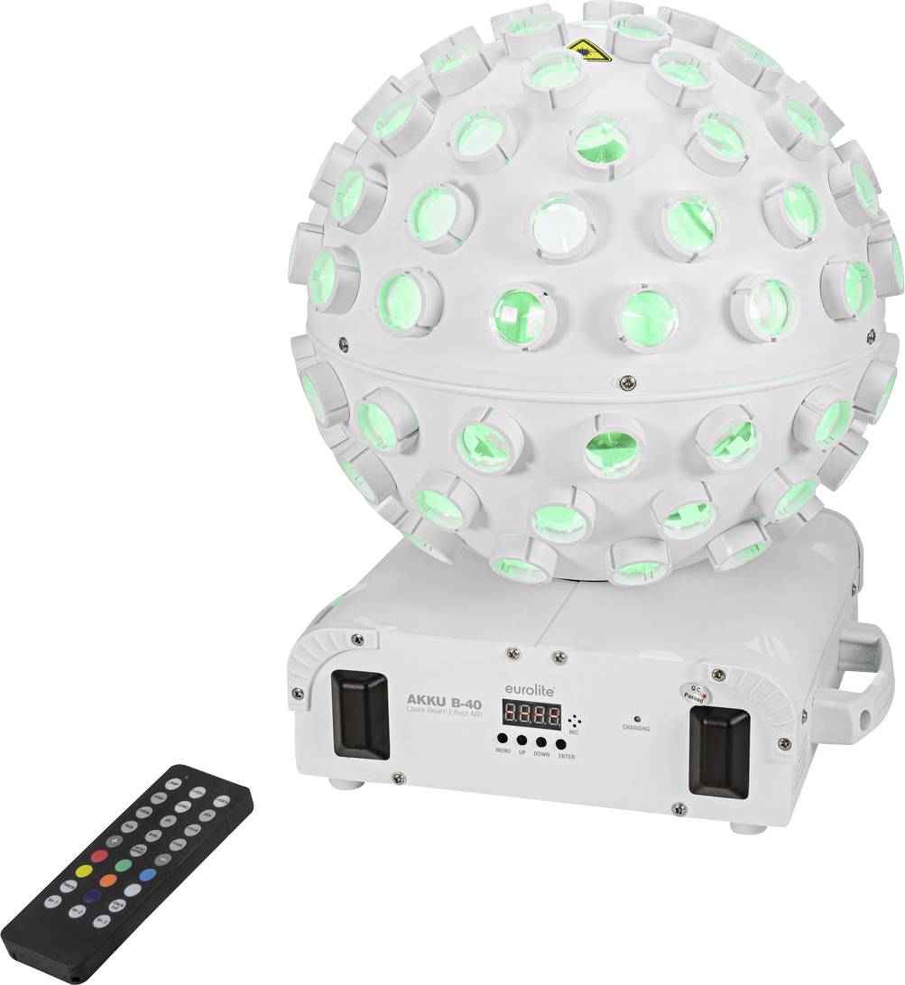 Ein kugelförmiges LED-Bühnenlicht mit mehreren grünen Linsen auf einer weiß rotierenden Basis. Eine Fernbedienung liegt daneben und deutet auf Bedienbarkeit hin.