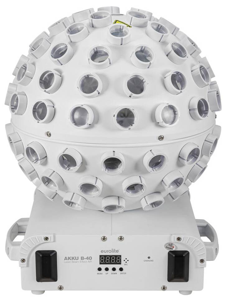 Eine sphärische weiße Leuchte mit mehreren kleinen Lichtern auf ihrer Oberfläche, die auf einer Kontrollbox mit der Aufschrift „Eurolite