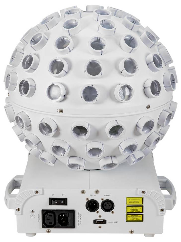 Eine kugelförmige LED-Leuchte mit mehreren kreisförmigen Linsen, montiert auf einem rechteckigen Sockel mit Strom- und Steueranschlüssen auf der Rückseite.