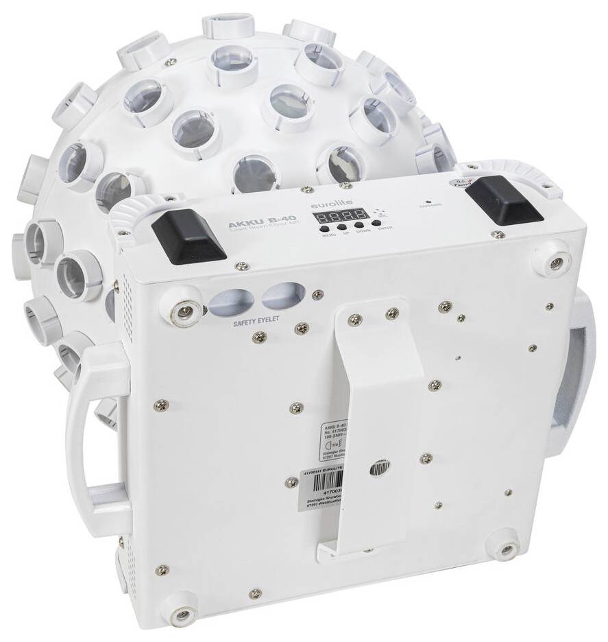 Ein weißes, kugelförmiges LED-Bühnenlicht mit mehreren Linsen und einem digitalen Bedienfeld oben, entworfen für dynamische Lichteffekte.