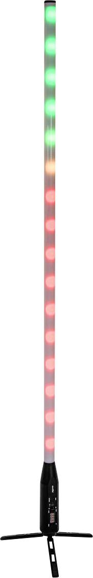 Ein hohes, zylindrisches LED-Licht mit sanften Übergängen zwischen grünen und roten Tönen, auf einem schwarzen Stativfuß zur Stabilisierung montiert.