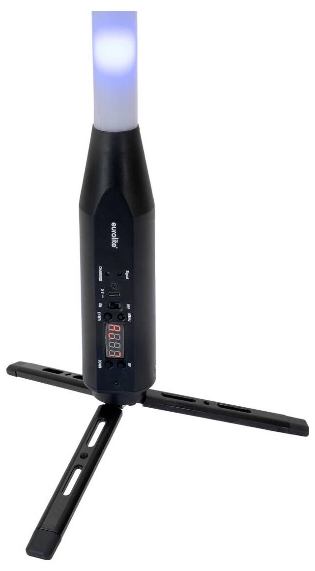 Schwarzes zylindrisches Gerät mit drei verstellbaren Beinen, ausgestattet mit LED-Display und Tasten, oben mit einem blau leuchtenden Lichtdiffusor.