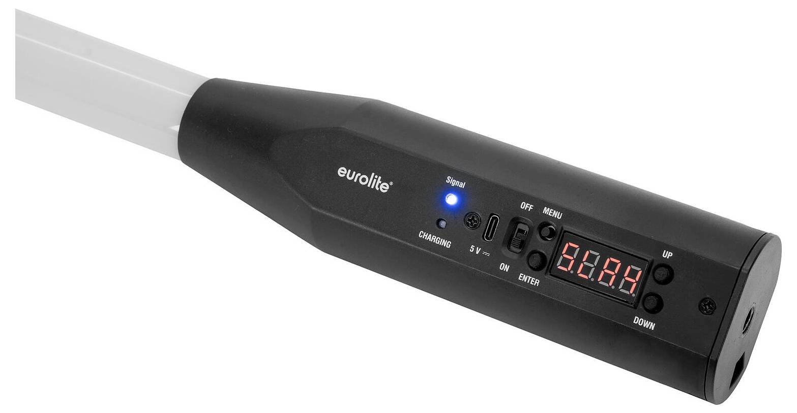 Ein tragbares LED-Lichtstab mit Steuertasten und einem digitalen Display, das „50.4