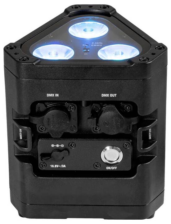 Ein schwarzes dreieckiges LED-Bühnenlicht mit drei blau beleuchteten Glühbirnen, ausgestattet mit DMX-Ein- und Ausgängen und einem 