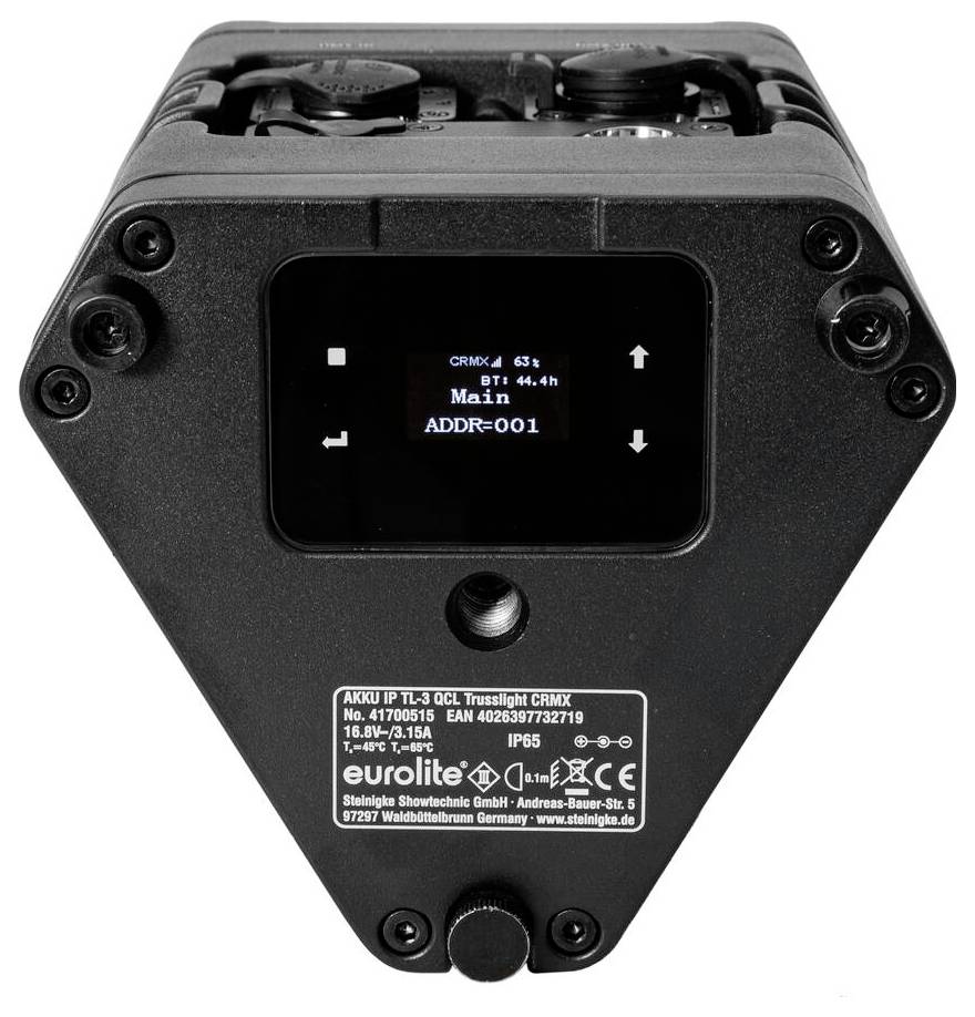 Ein schwarzes dreieckiges elektronisches Gerät mit einem kleinen Display, das 