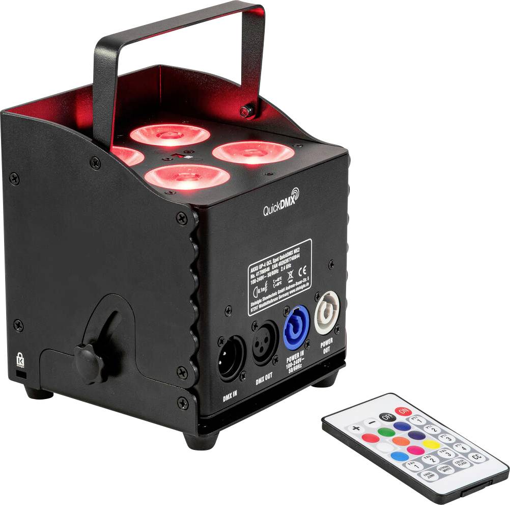Ein schwarzes Bühnenlicht mit drei roten LED-Leuchten, Marke 'QolorMAX', verfügt über DMX-Eingänge und eine Fernbedienung mit farbigen Tasten.