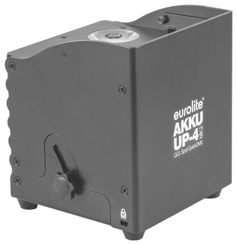 Schwarze kompakte Eurolite AKKU UP-4 MK2 Bühnenleuchte mit Bedienungsknöpfen und 'QCL Spot QuickDMX' Beschriftung an der Seite.