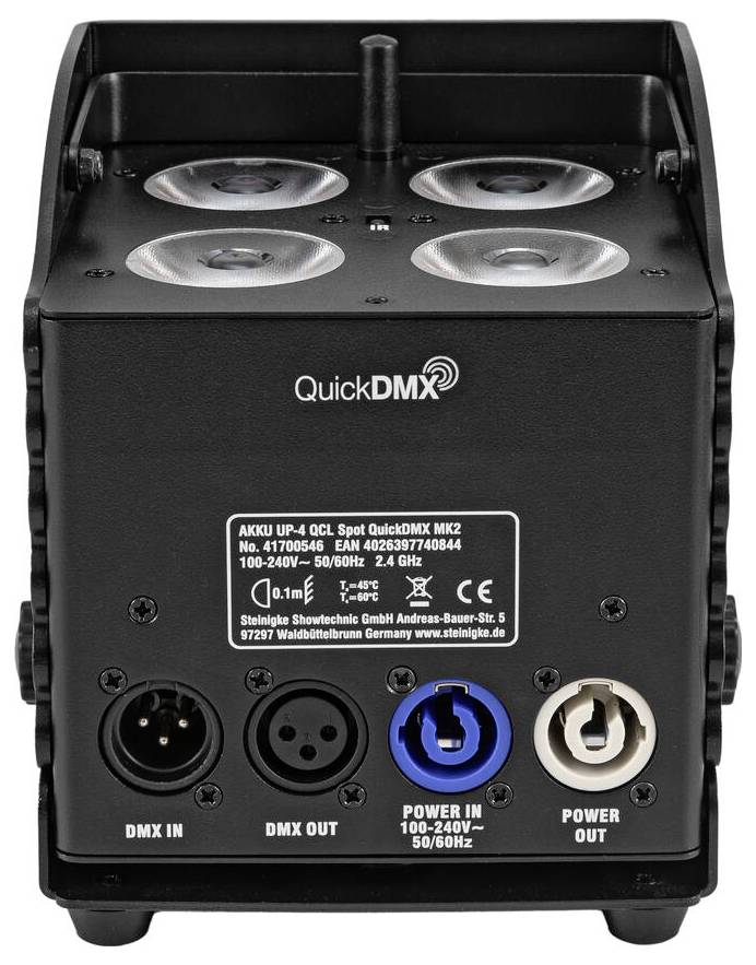 Eine schwarze Bühnenleuchteinheit mit der Marke „QuickDMX