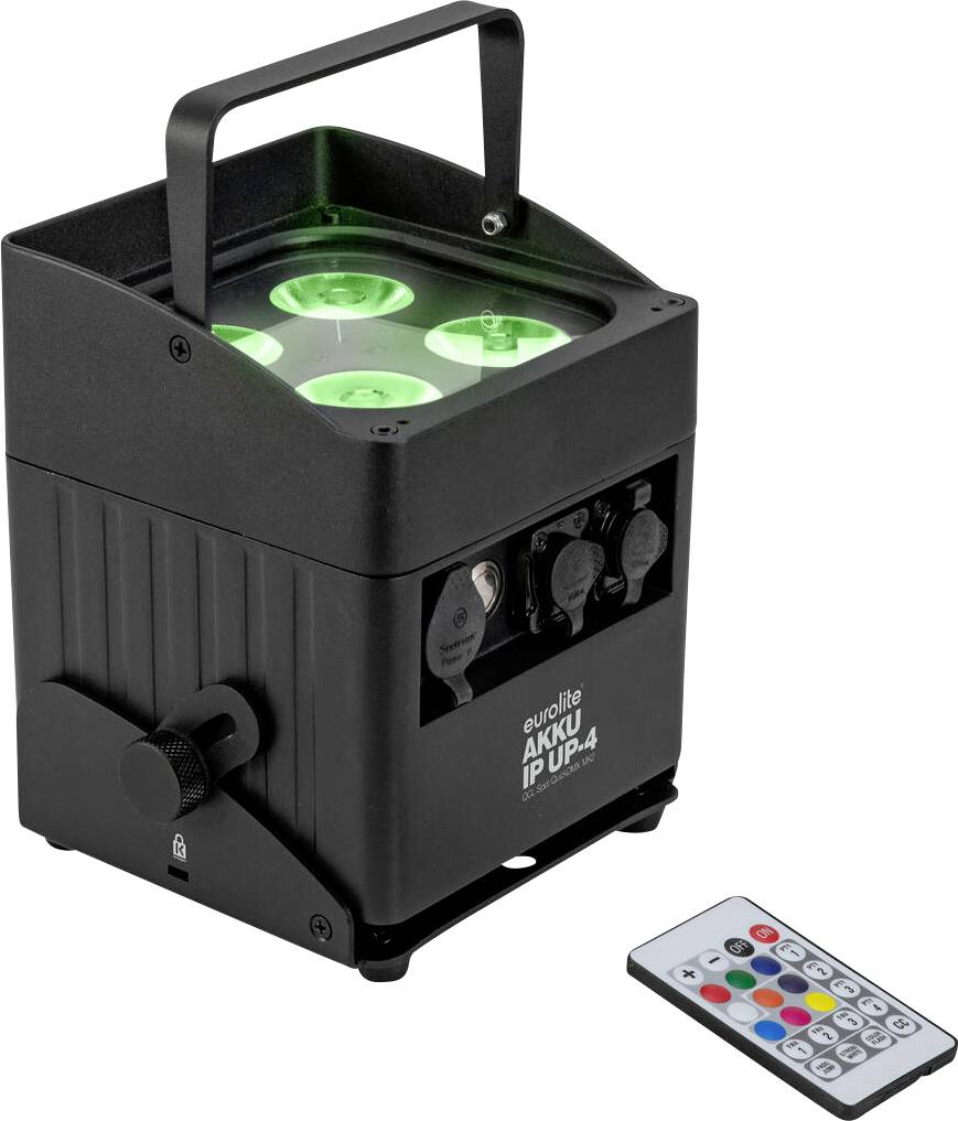 Ein Bühnenscheinwerfer mit mehreren LED-Glühbirnen wird gezeigt, begleitet von einer Fernbedienung und zwei runden Diffusorfiltern.