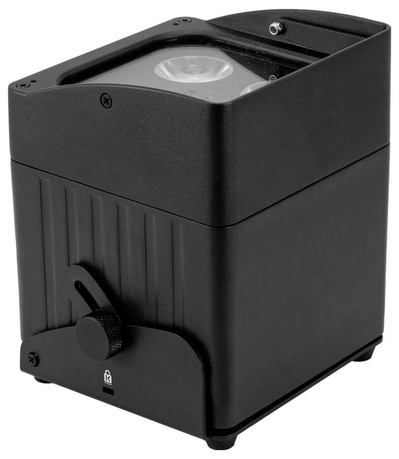 Eine kleine, schwarze, tragbare Nebelmaschine mit quadratischem Gehäuse, einem Bedienschalter an der Seite und einer sichtbaren Öffnung oben zur Nebelabgabe.