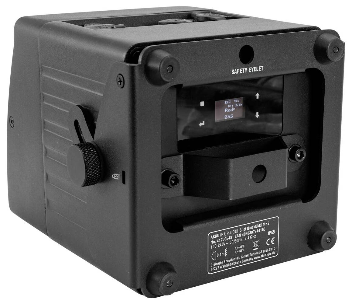 Ein schwarzer industrieller LIDAR-Sensor in robustem Metallgehäuse mit Betriebseinstellungen auf einem kleinen Bildschirm.