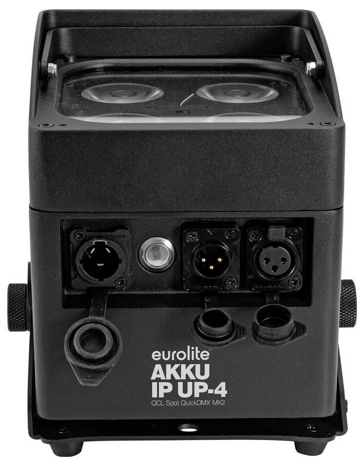 Ein schwarzer, batteriebetriebener LED-Scheinwerfer Eurolite AKKU IP UP-4 mit Steuerports und Steckverbindungen auf der Frontplatte.
