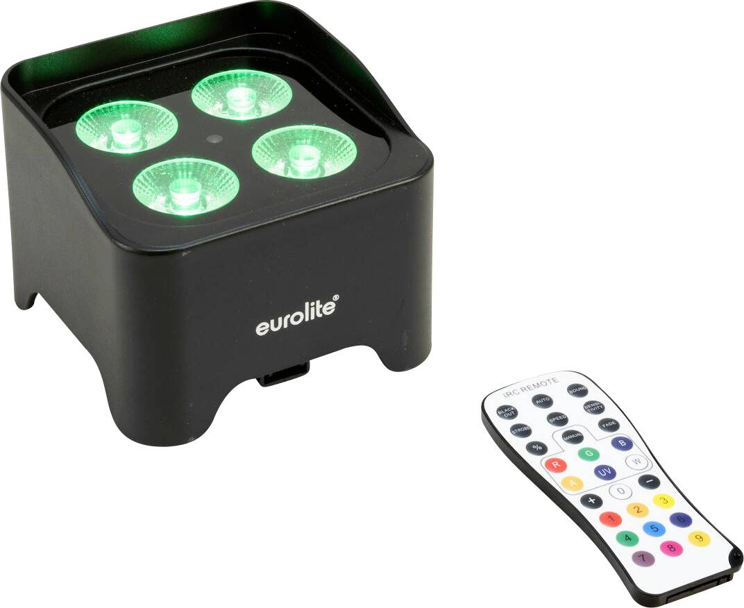 Eine schwarze LED-Leuchte mit vier grünen Lichtern wird neben einer Fernbedienung gezeigt. Die Fernbedienung verfügt über verschiedenfarbige Tasten.