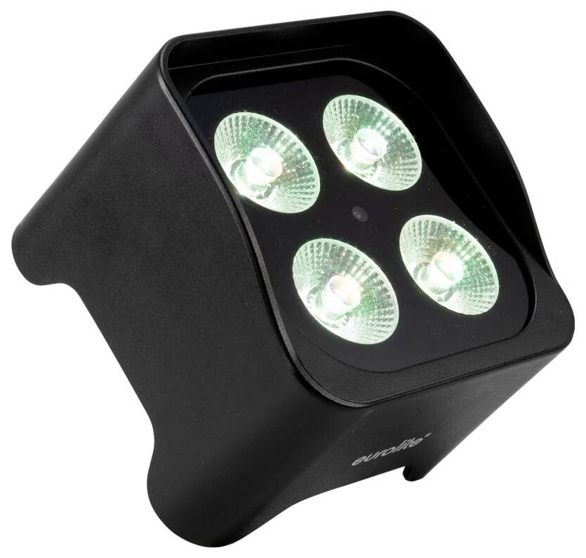 Vier grün leuchtende LED-Birnen in einem schwarzen, abgewinkelten Gehäuse, konstruiert für gerichtete Beleuchtung.