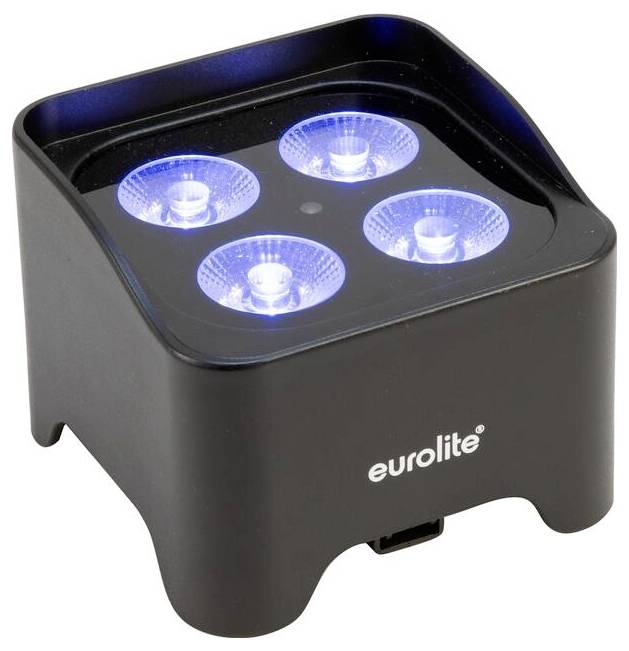 Eine schwarze, quadratische LED-Leuchte mit vier blau leuchtenden Glühbirnen, Marke 'eurolite', geeignet für Bühnen- oder Veranstaltungsbeleuchtung.