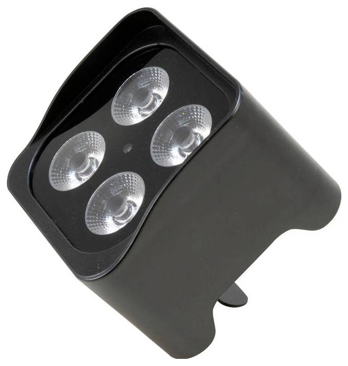Ein Nahaufnahmebild einer schwarzen LED-Leuchte mit vier runden Lichtlinsen, die für gerichtete Beleuchtungsanwendungen ausgelegt ist.
