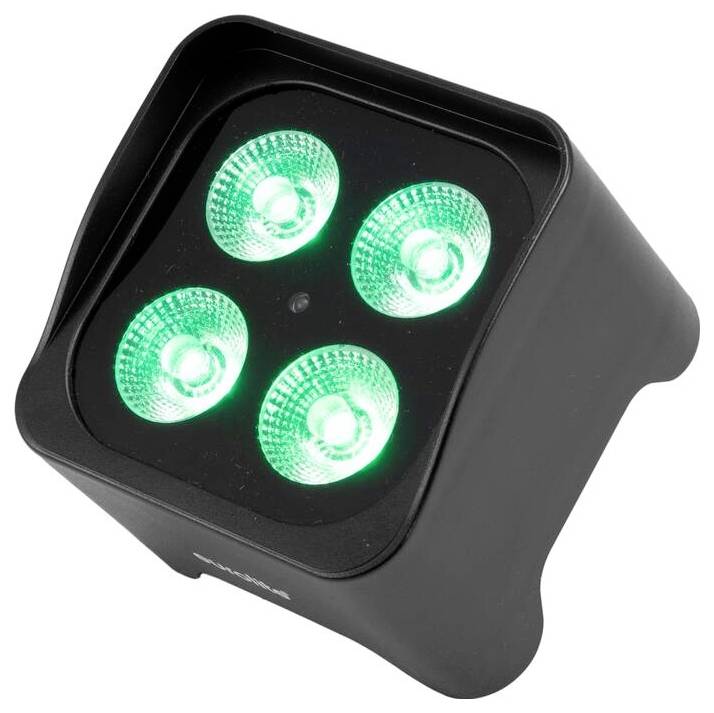 Schwarzte LED-Leuchte mit vier leuchtend grünen Lichtern, leicht nach rechts geneigt.