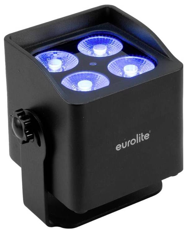 Ein schwarzes Vier-LED-Uplicht mit blauer Ausleuchtung und „Eurolite