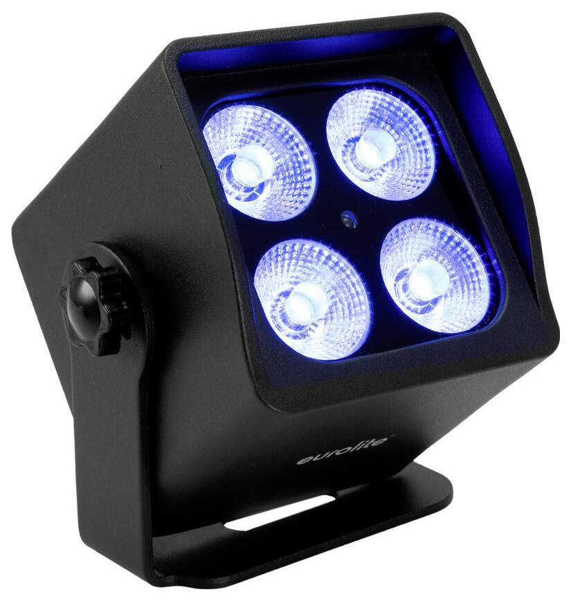 Ein schwarzer Scheinwerfer mit vier blauen LED-Leuchten, nach oben ausgerichtet.
