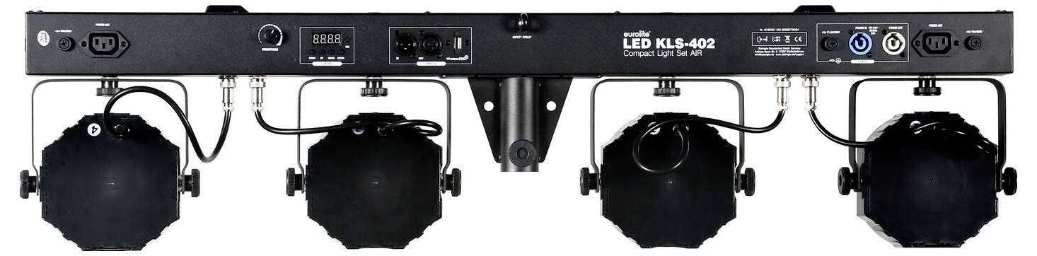 Eine schwarze Beleuchtungsleiste mit vier einstellbaren LED-Bühnenscheinwerfern und verschiedenen Reglern, verwendet für Konzert- oder Veranstaltungsbeleuchtungsanlagen.