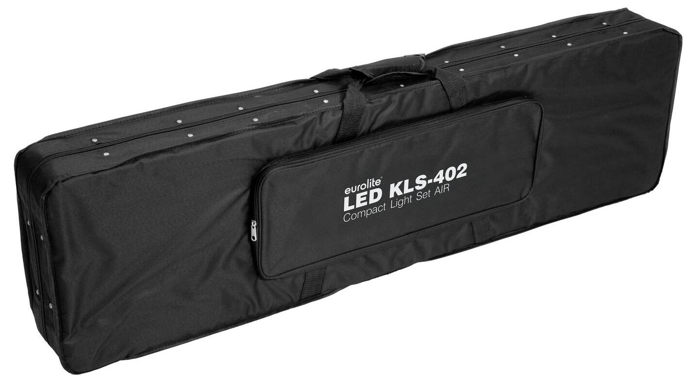 Ein langer schwarzer Tragekoffer mit Griff, beschriftet mit „LED KLS-402 Compact Light Set Air