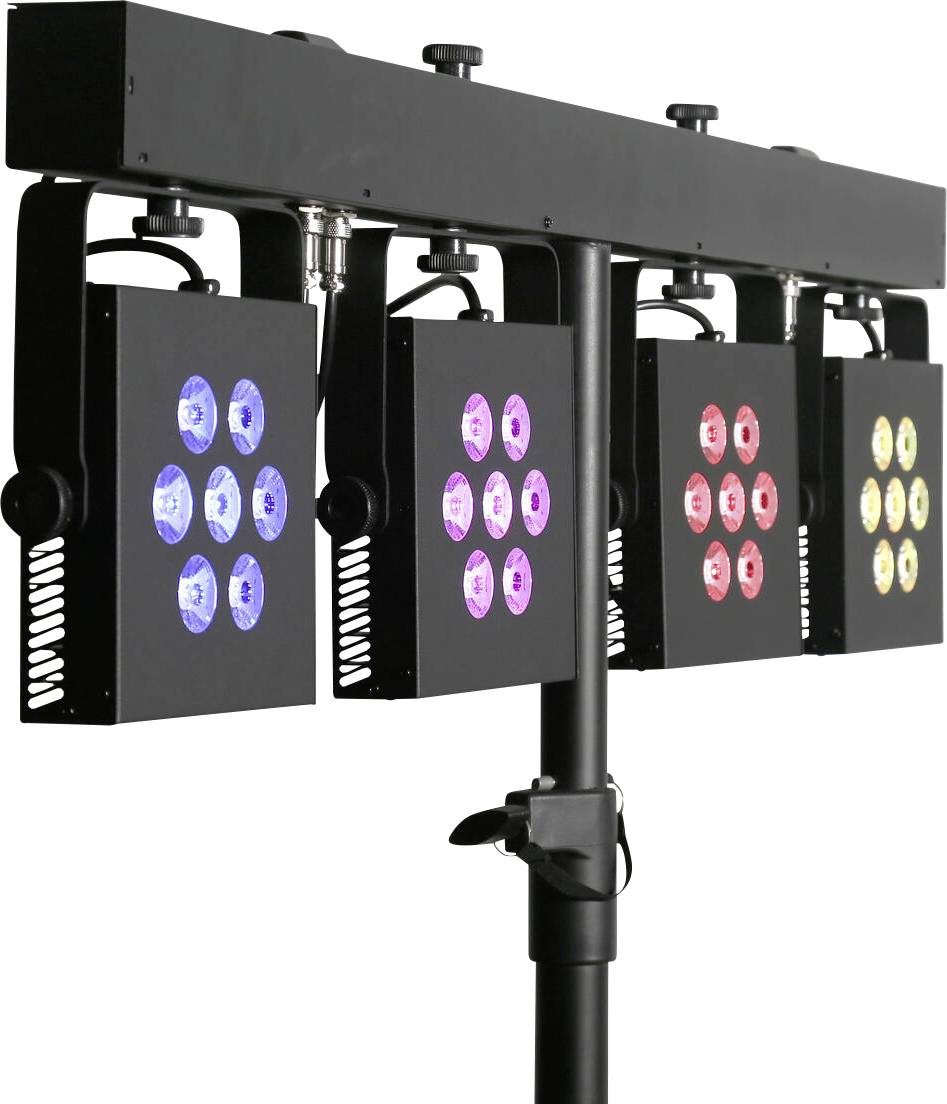 Vier LED-Bühnenscheinwerfer auf einem Gestell, die die Farben Blau, Rosa und Gelb zeigen, verwendet für Event- oder Konzertbeleuchtung.