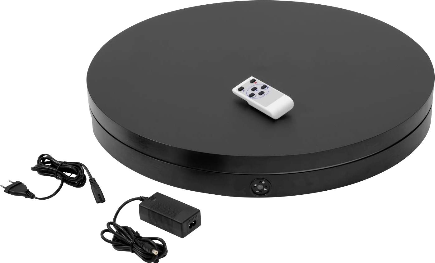 Schwarze drehbare Ausstellungsplattform mit Fernbedienung und Netzteil, geeignet zur Präsentation von Produkten oder Vorträgen.