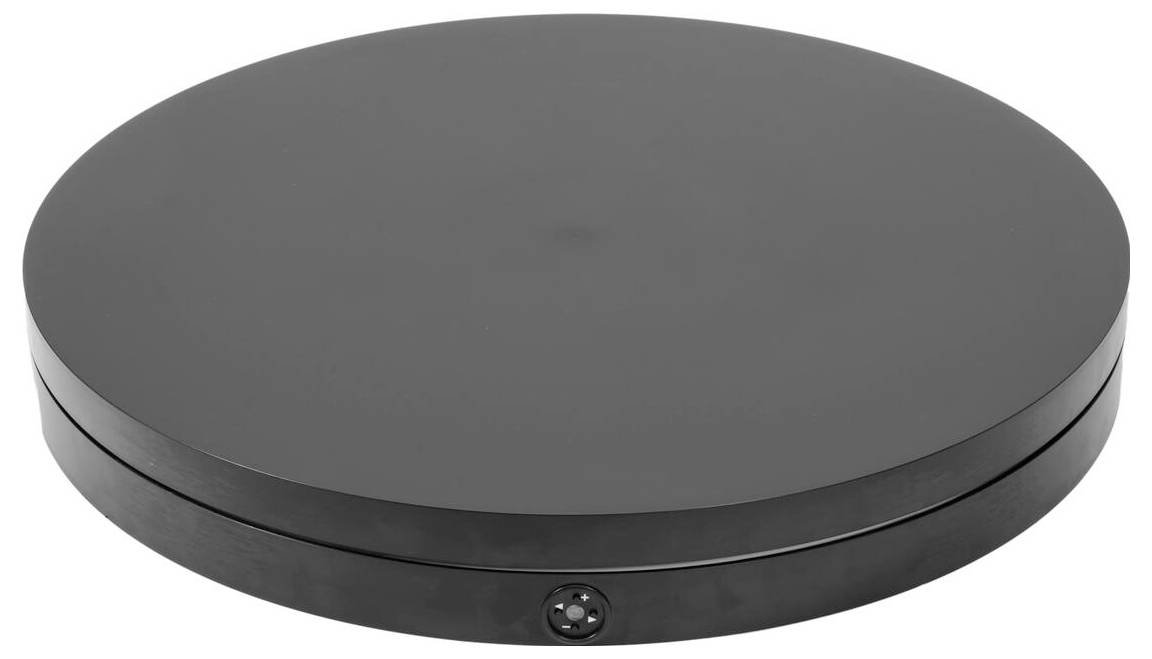 Eine runde, flache, schwarze Drehplattform mit glatter Oberfläche, entwickelt zum Drehen von Objekten.