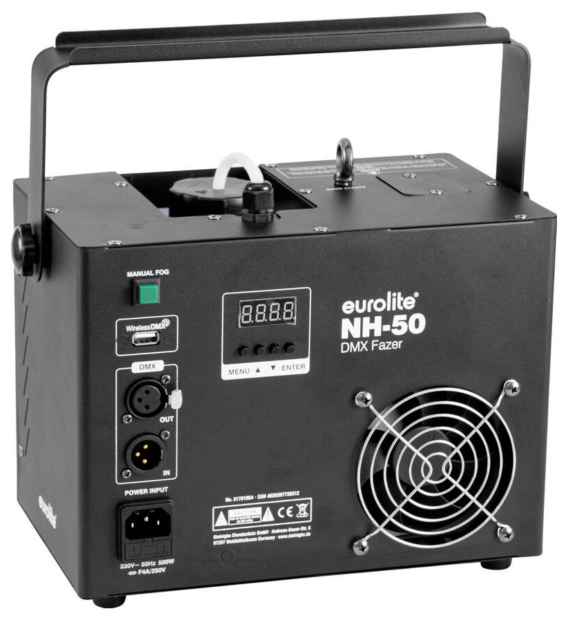 'Eurolite NH-50 DMX Fazer' Maschine mit digitalem Display, Lüftungsventilator und Bedienfeld. Entwickelt zur Erzeugung von Atmosphäreneffekten.