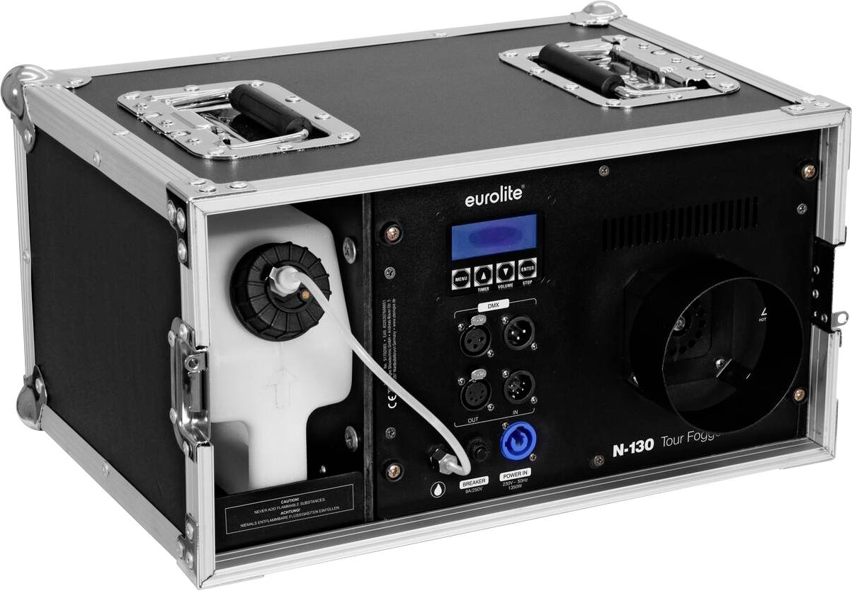 Nebelmaschine in einem schwarzen und silbernen Gehäuse, mit der Aufschrift 